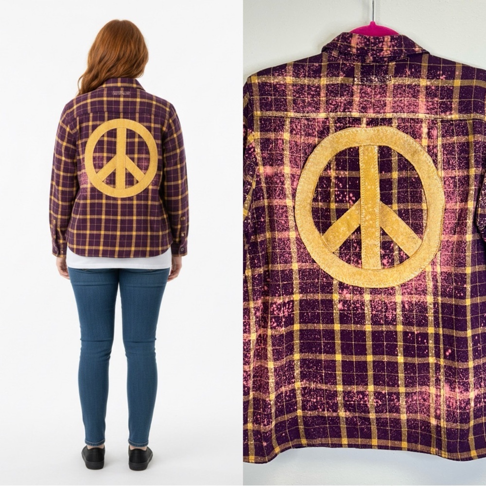 Peace Sign Boho Hippie Purple Yellow Festival Flannel Casual Womens M Upcycled